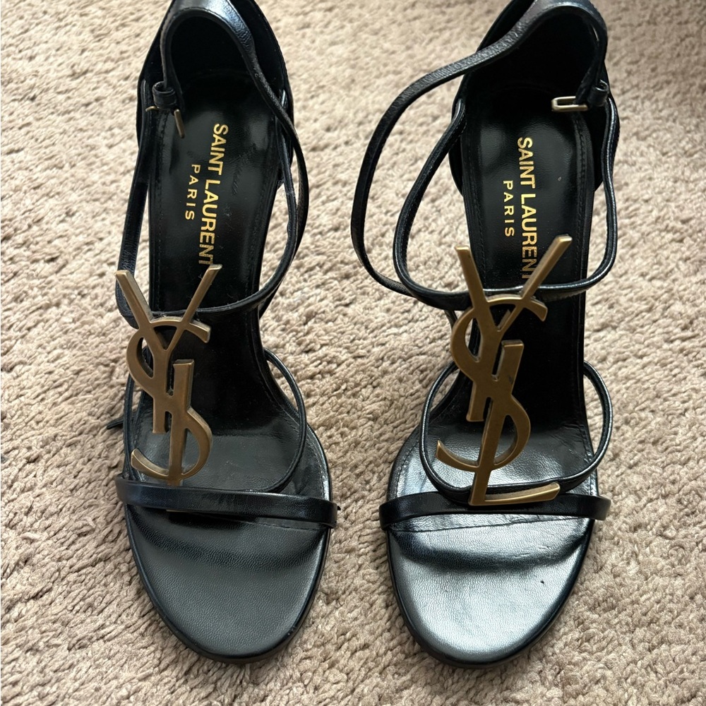Yves Saint Laurent Black Strappy Heels with Gold Logo